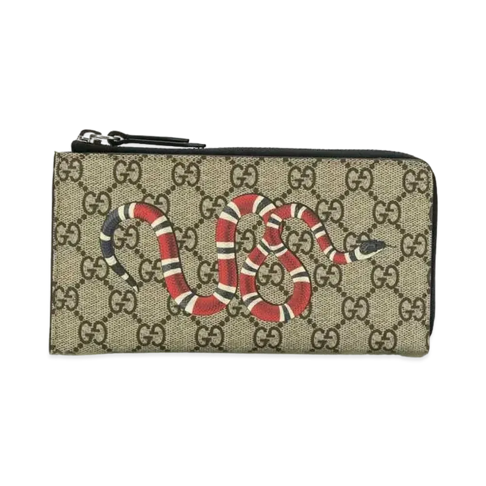 GUCCI Kingsnake Print GG Supreme Zip Wallet "Beige/Ebony"