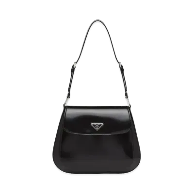 PRADA Creo Brushed Leather Shoulder Bag With Flap "Black"