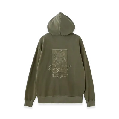 X-Girl Women's Pigment Dyed Face And Logo Square Patch Zip Up Sweat Hoodie "Olive"