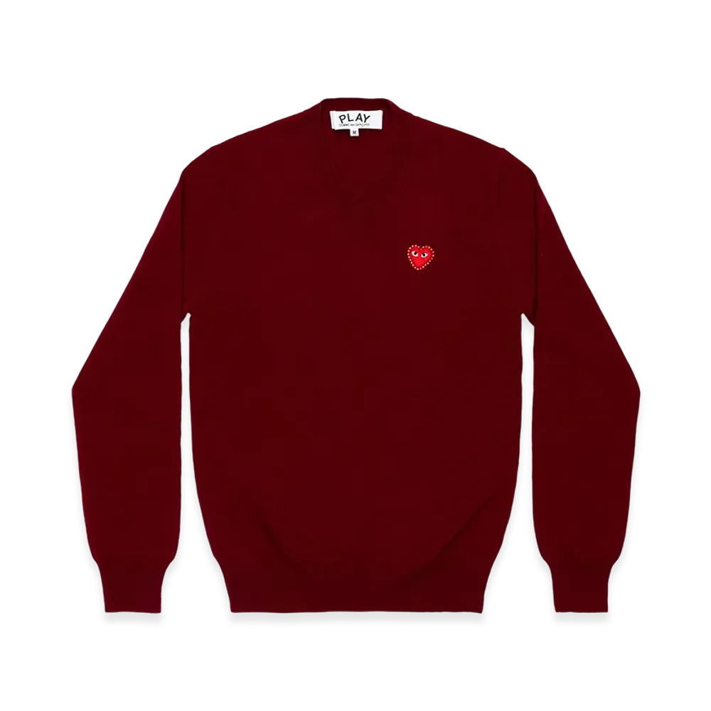 PLAY COMME des GARCONS Unisex V-Neck Sweater with Emblem x Rhinestone "Burgundy"