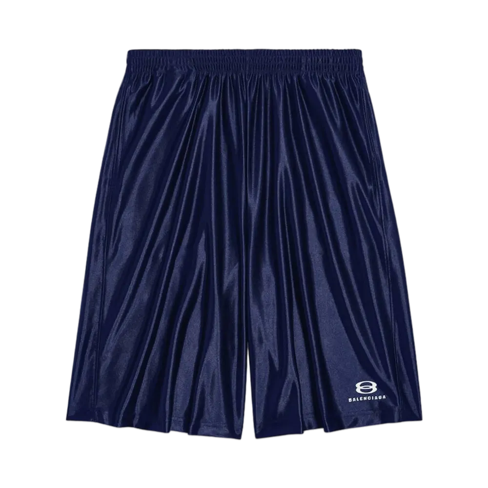 BALENCIAGA Men's Unity Sports Icon Basketball Shorts in Laminated Jersey "Dark Blue/White"