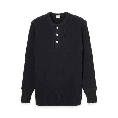 Healthknit Super Heavy Waffle Henley Neck Long Sleeve T-Shirt "Fade Black"