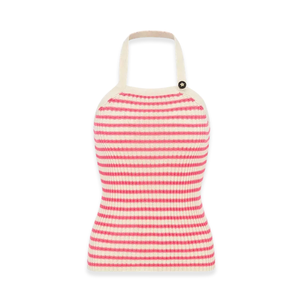 Dior Women's Cotton Ribbed Knit with Dior Mariniere Motif Dioriviera Backless Tank Top "White/Candy Pink"
