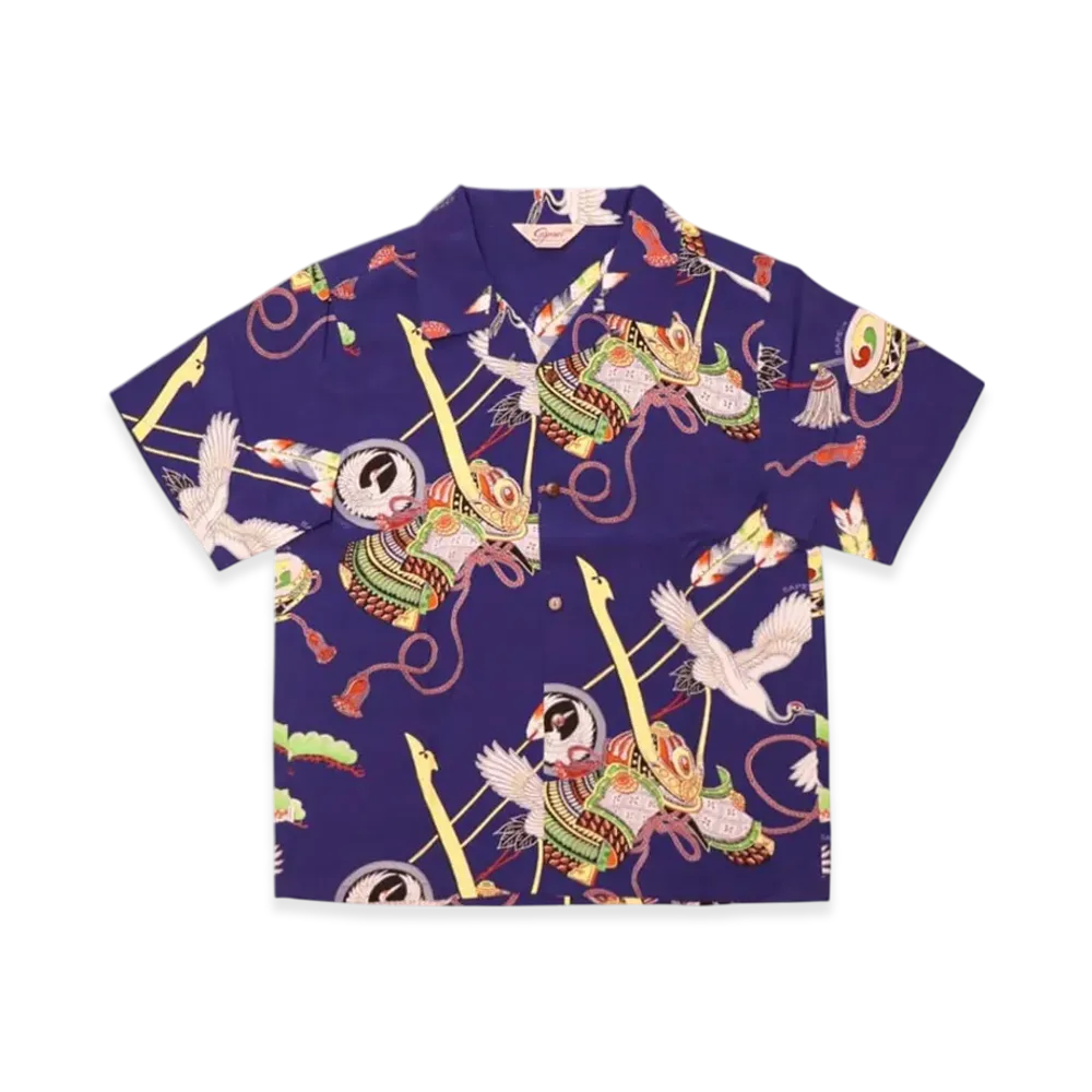 SAPEur Official Hawaiian Shirt Tsuru Kabuto S/S "Navy Blue"