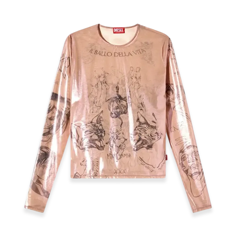 Diesel T-Claude-Dd Tattoo Top In Coated Stretch Tulle "Pink White"