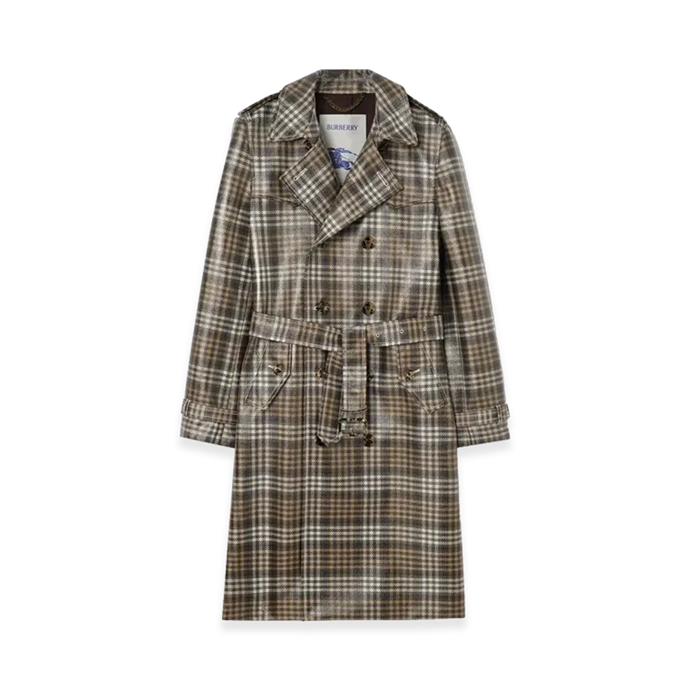 Burberry Check Coated Raffia Effect Foxfield Trench Coat "Chalk White/Truffle Brown"