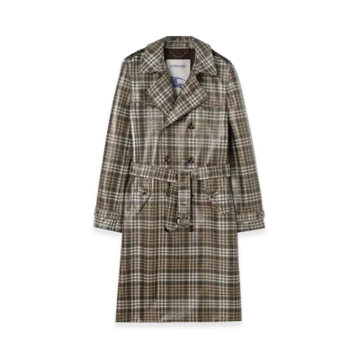 Burberry Check Coated Raffia Effect Foxfield Trench Coat "Chalk White/Truffle Brown"
