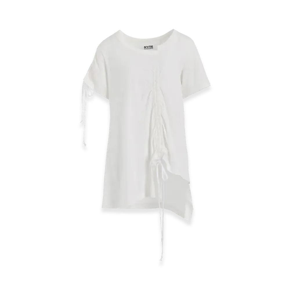 S'YTE Soft Jersey Asymmetrical T-Shirt With Gathered Strings "White"
