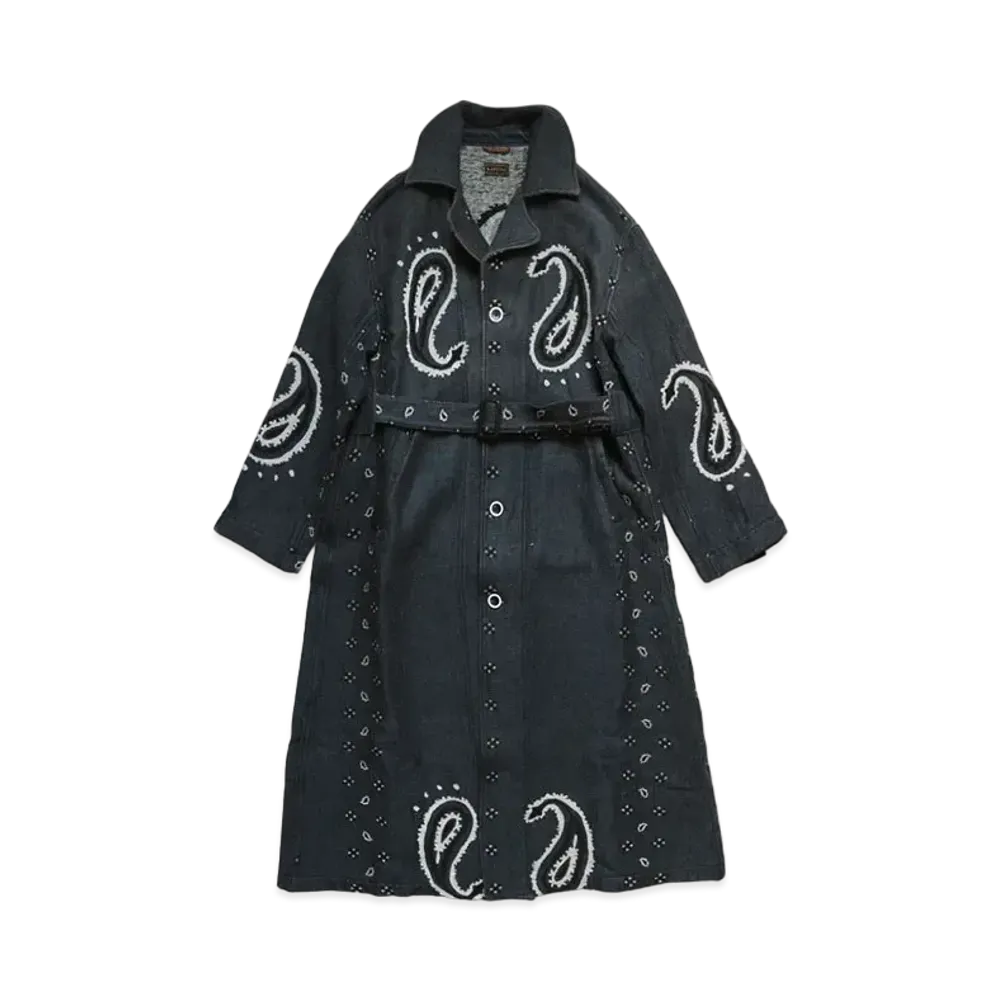 KAPITAL LUG PAYSLEY PATTERN LINEN WOOL DRAGGING COAT"Navy"