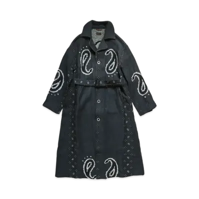 KAPITAL LUG PAYSLEY PATTERN LINEN WOOL DRAGGING COAT"Navy"