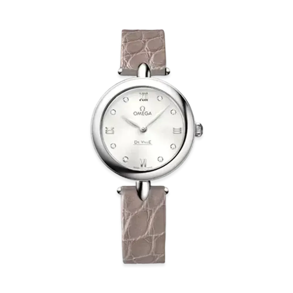 OMEGA De Ville Prestige 8P Diamonds Leather Strap 27.4MM "Stainless Steel/Silver/Beige" 424.13.27.60.52.001
