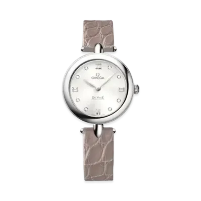 OMEGA De Ville Prestige 8P Diamonds Leather Strap 27.4MM "Stainless Steel/Silver/Beige" 424.13.27.60.52.001