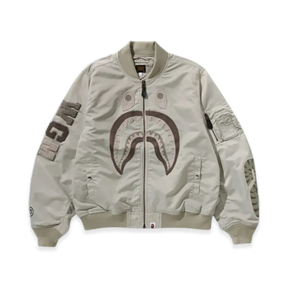 A BATHING APE Tonal Chain Stitch Shark Bomber Jacket "Beige"