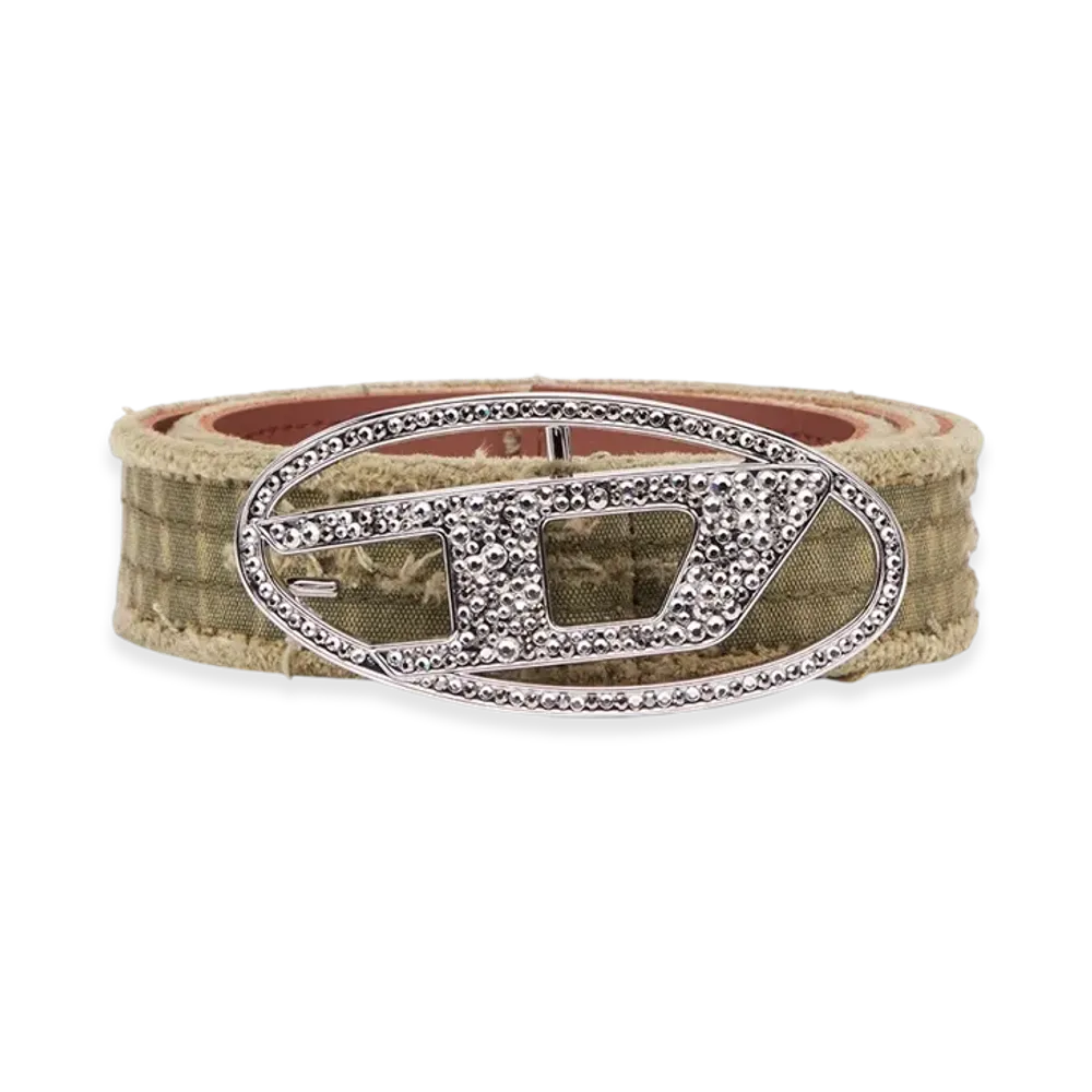 Diesel B-1Dr Strass Canvas And Leather Belt With Crystals "Military Green"