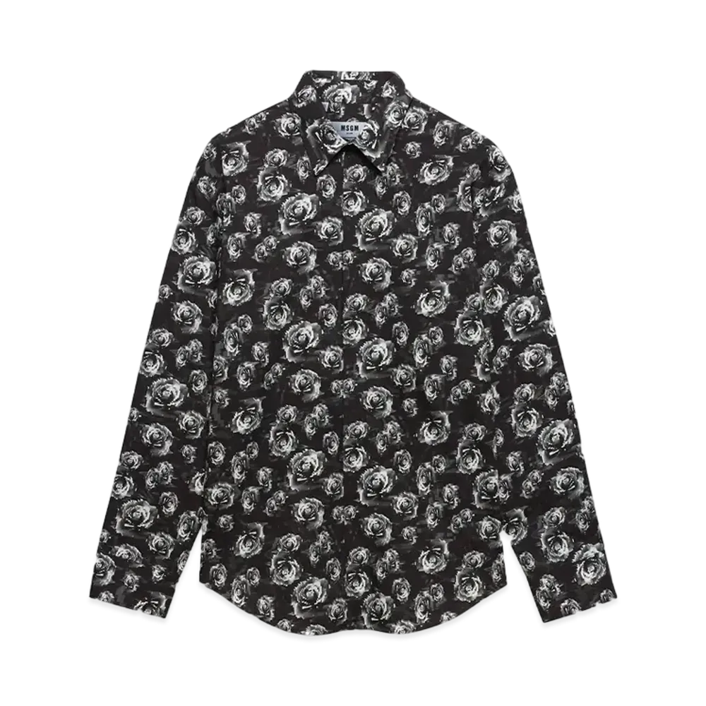 MSGM Poplin Shirt With Underground Pixelled Roses Pattern "Black"