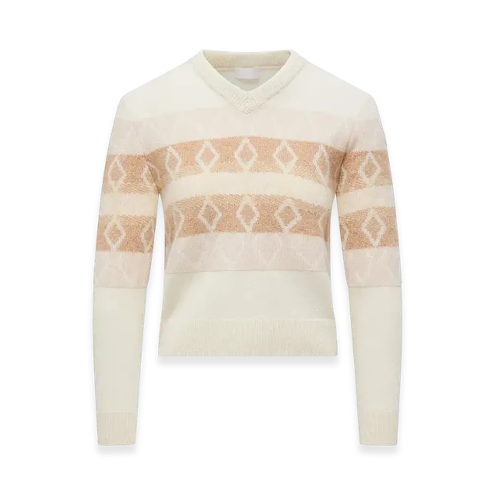 MONCLER Wool Jacquard V-Neck Sweater "White Pink"