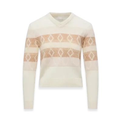 MONCLER Wool Jacquard V-Neck Sweater "White Pink"