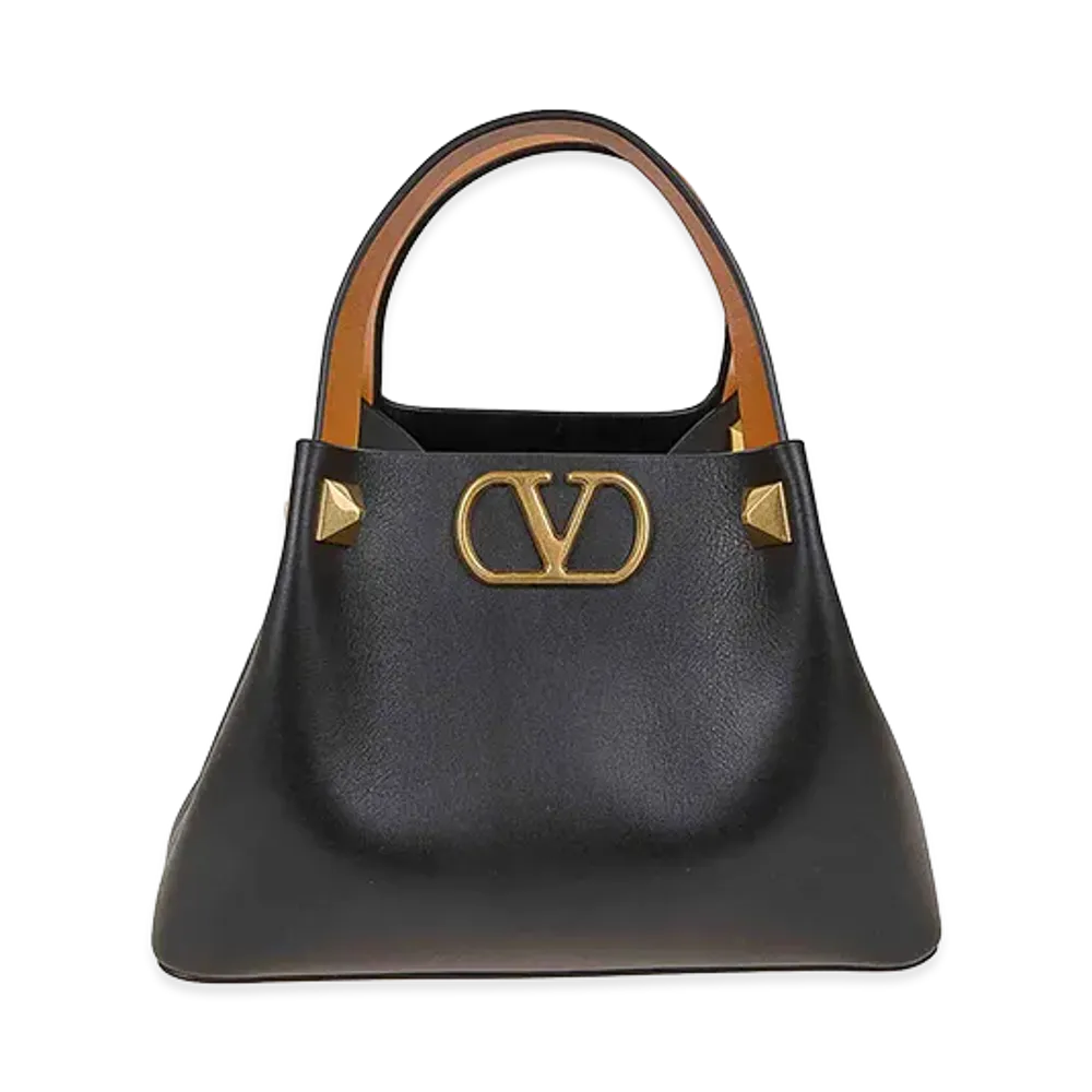 Valentino Women's Small Tote V Logo Signature Vitello M./Vac.Liscia/A.Brass Macro Stud "Black"