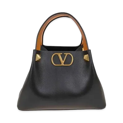 Valentino Women's Small Tote V Logo Signature Vitello M./Vac.Liscia/A.Brass Macro Stud "Black"