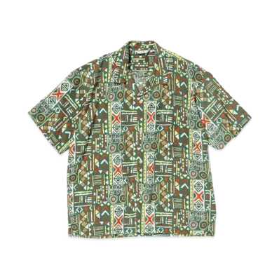 BEAMS Geometric Print Open Collar Shirt "Green"