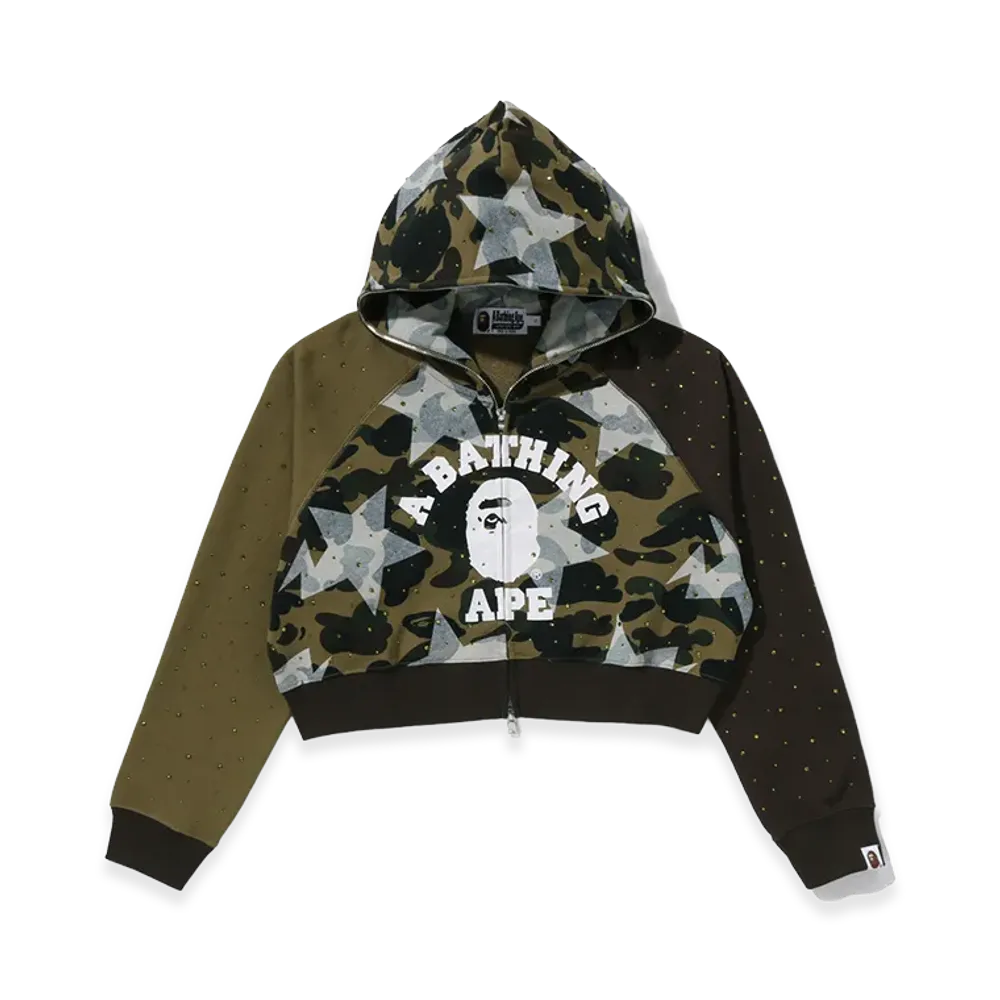 A BATHING APE Women's Crystal Stone College Full Zip Hoodie "Green"