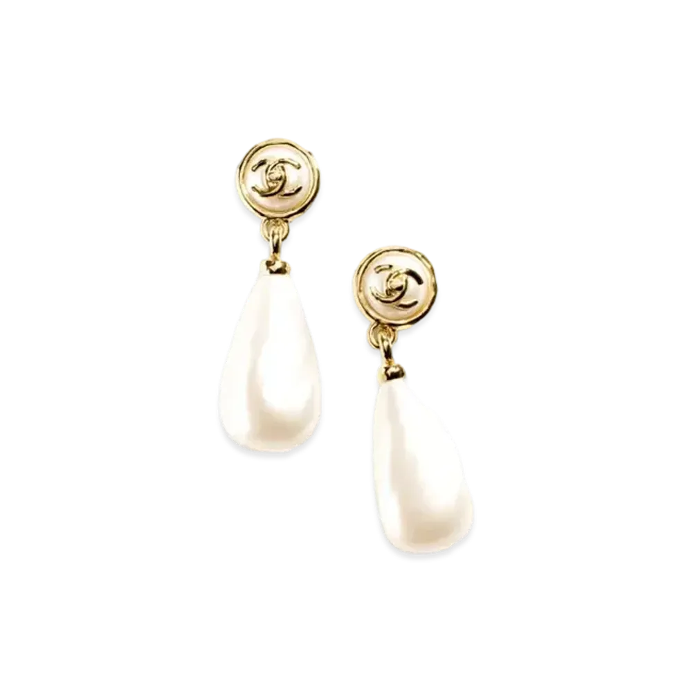 CHANEL Clip-On Pendant Earrings Metal & Resin "Gold/Pearly White"