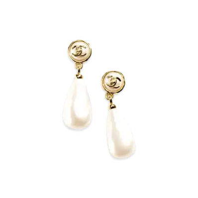 CHANEL Clip-On Pendant Earrings Metal & Resin "Gold/Pearly White"