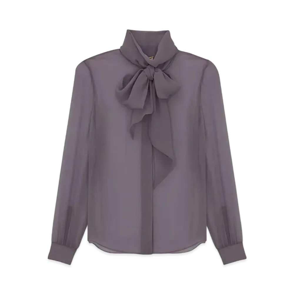 Saint Laurent Women's Blouse in Silk Muslin Crepe "Amethyste Fume"