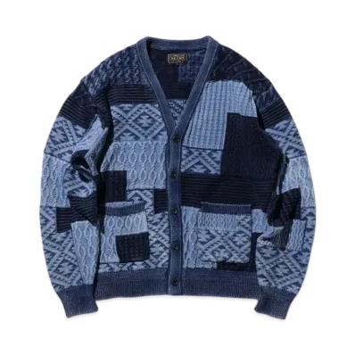 BEAMS Cardigan Indigo Patchwork Like Jacquard "Indigo"