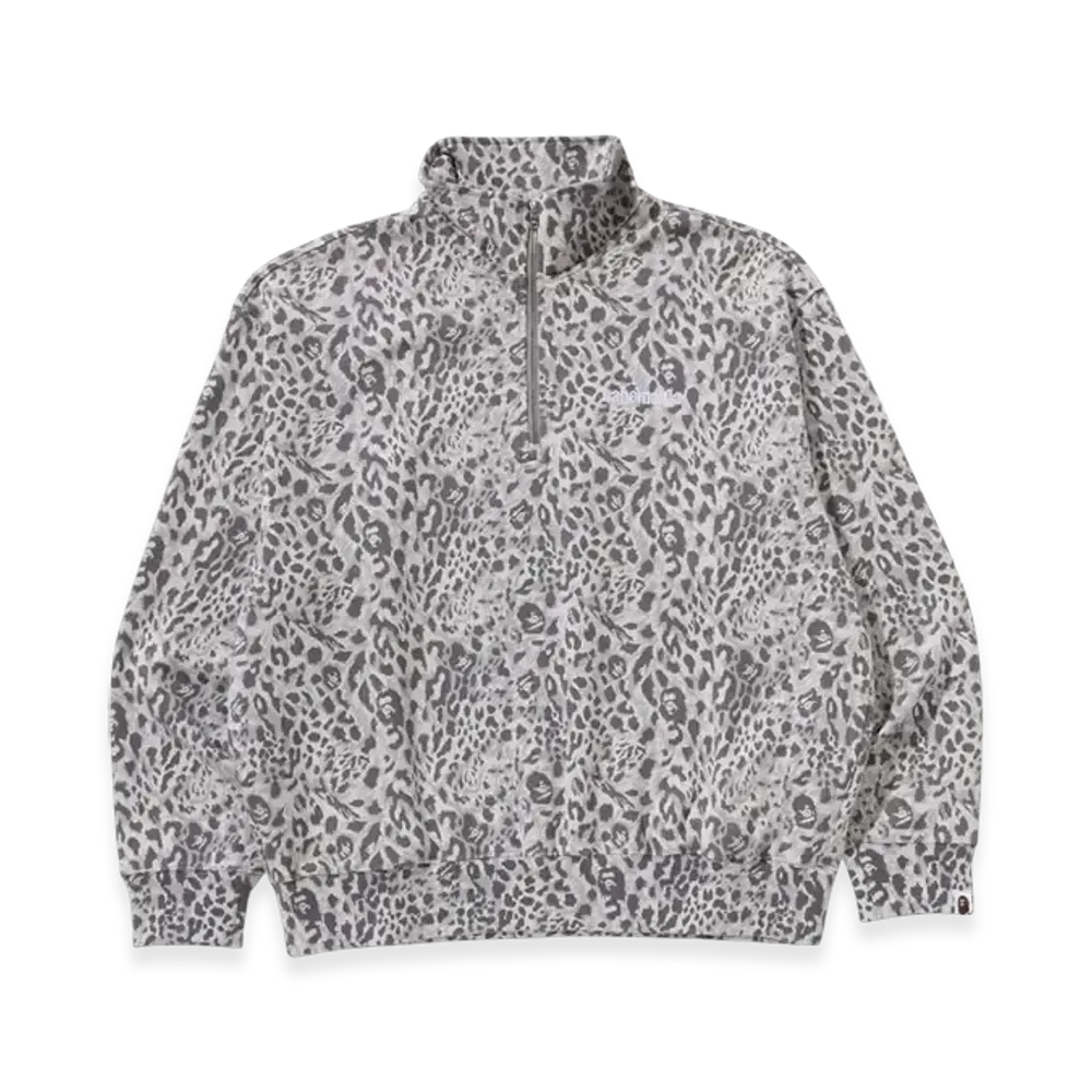 A BATHING APE Wild Leopard Pattern Relaxed Fit Half Zip Sweatshirt "Grey"