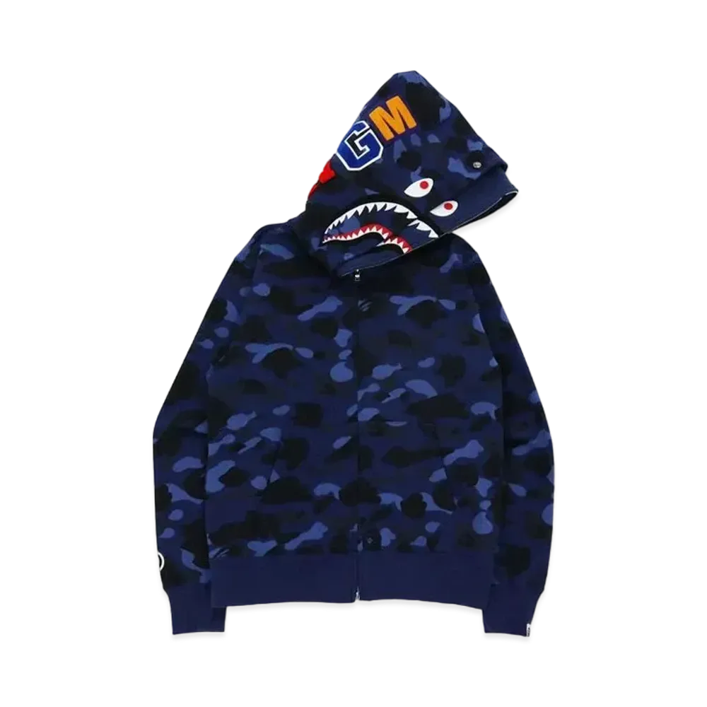 A BATHING APE COLOR CAMO SHARK WIDE FIT FULL ZIP DOUBLE HOODIE "Navy"