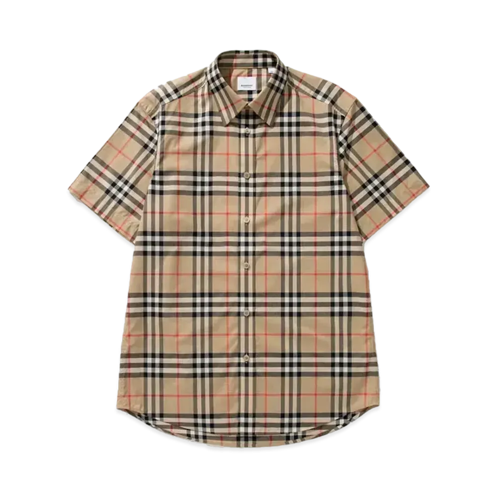 Burberry Men's Short Sleeve Check Cotton Poplin Shirt "Archive Beige"