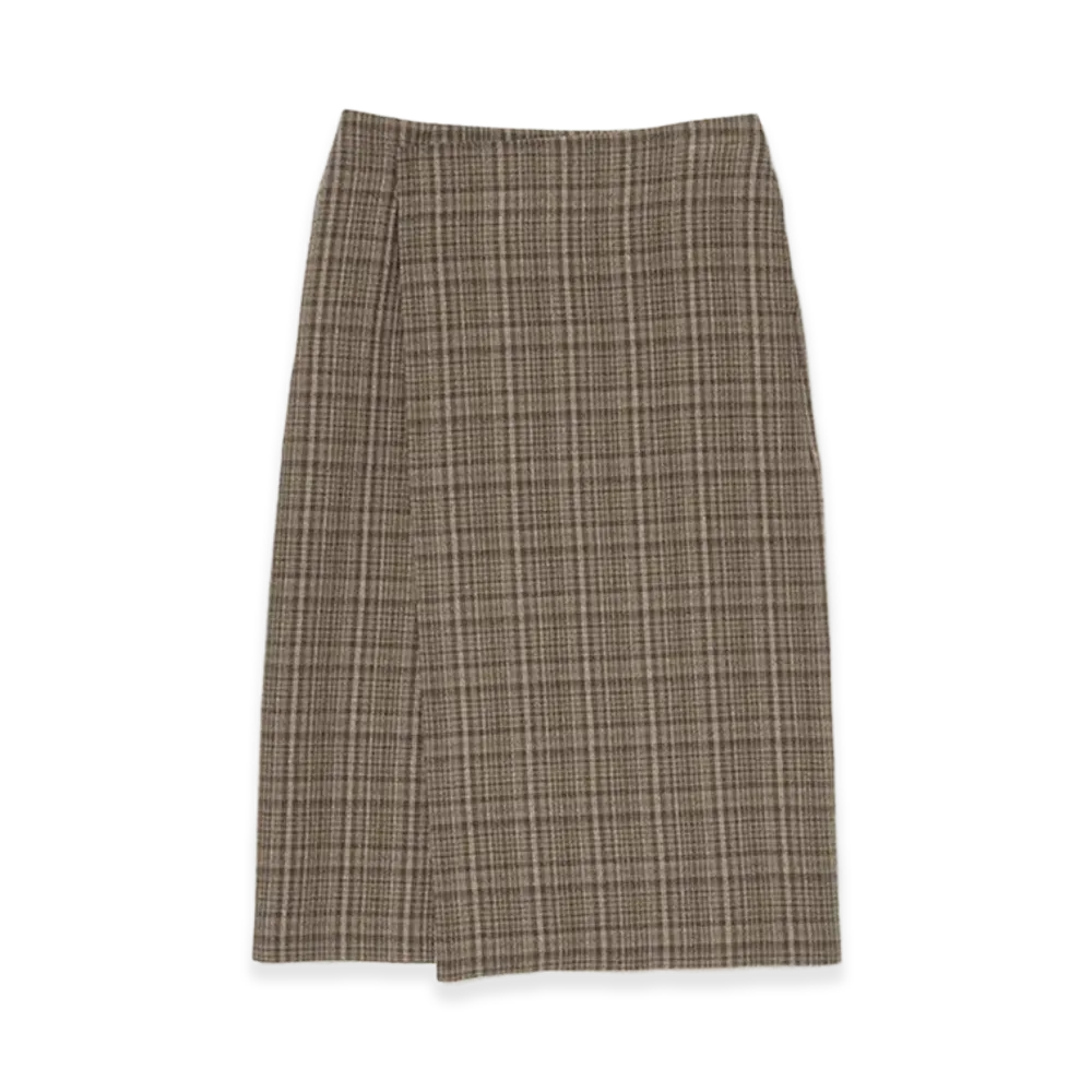 AURALEE Women's Silk Linen Nep Check Wrap Skirt "Dark Brown Check"