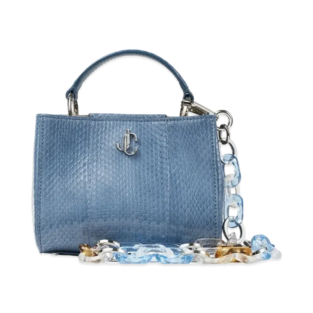 Jimmy Choo Varenne Top Handle Mini Glossy Elaphe Mini Handbag With Perspecs Chain "Butterfly Blue"