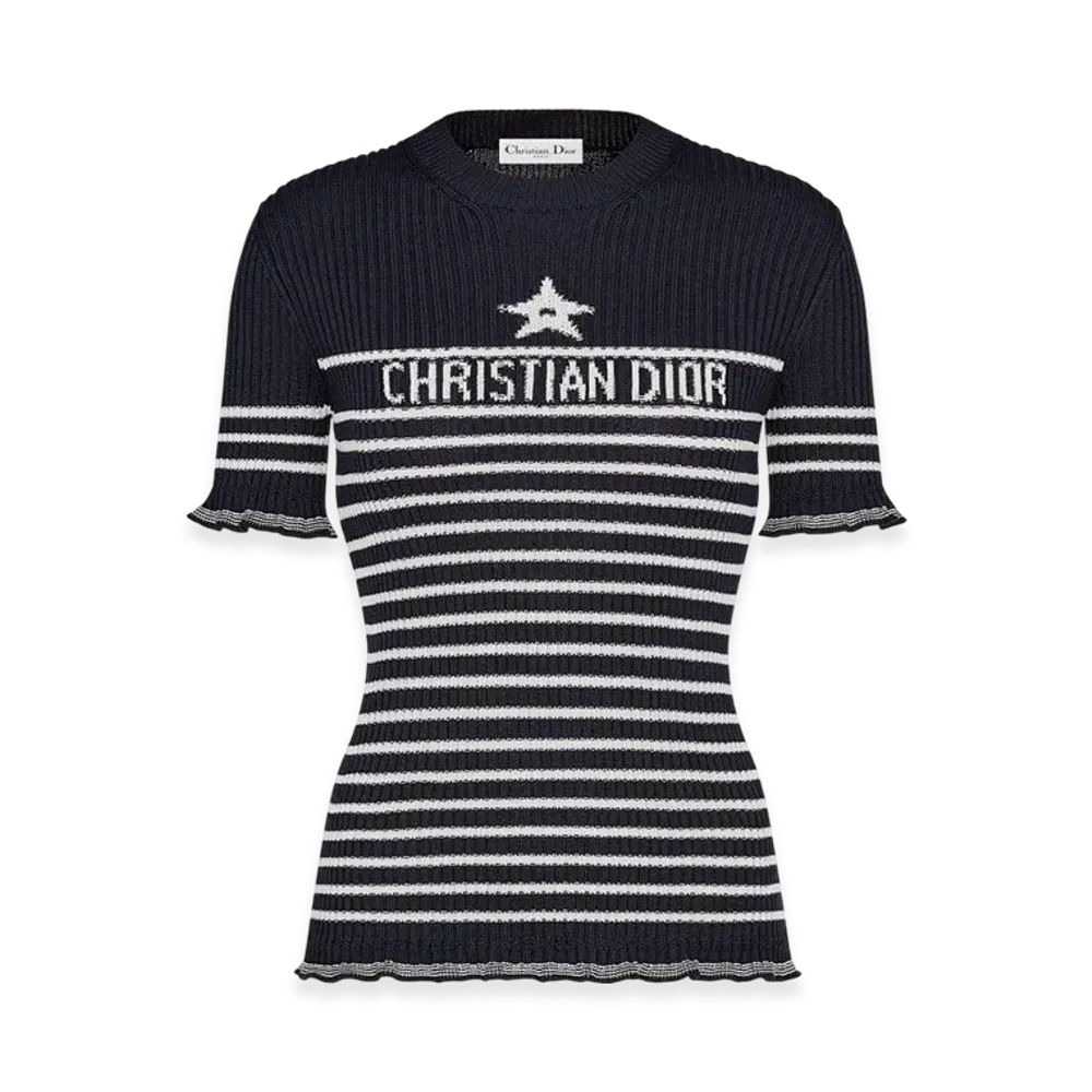 Dior Women's Short Sleeved Sweater Cotton Ribbed Knit with Signature "Navy Blue"