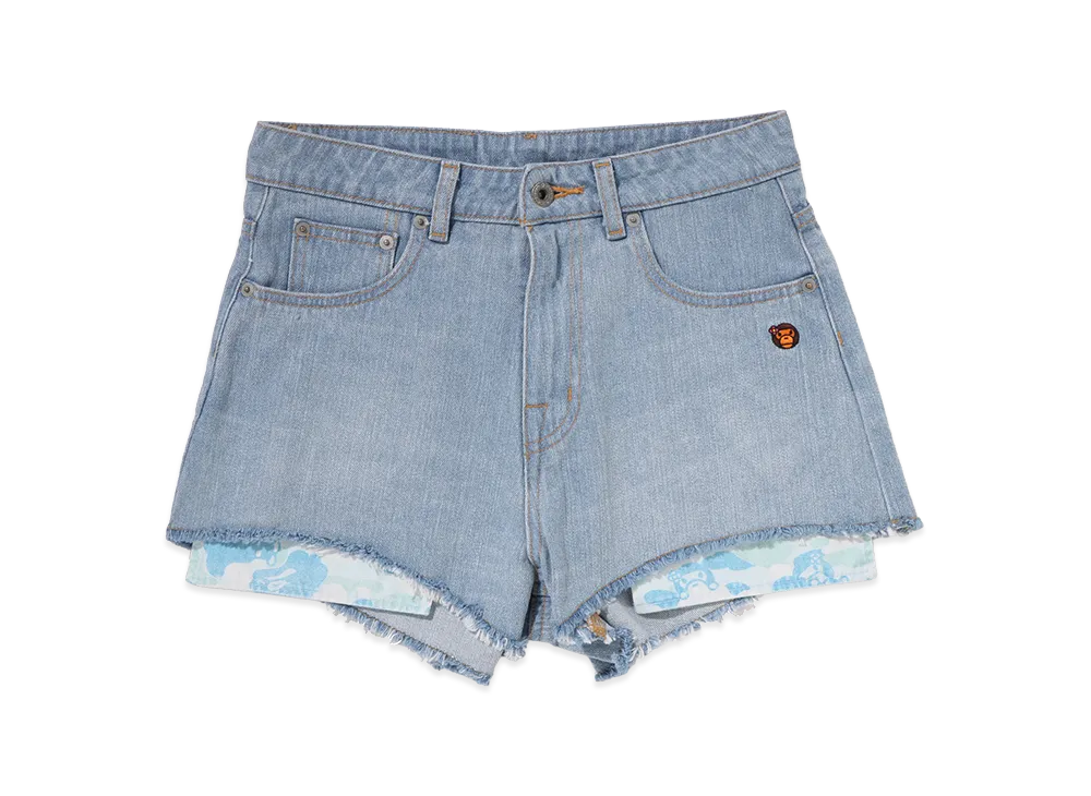 A BATHING APE Women's Baby Lisa One Point Denim Shorts "Light Indigo"