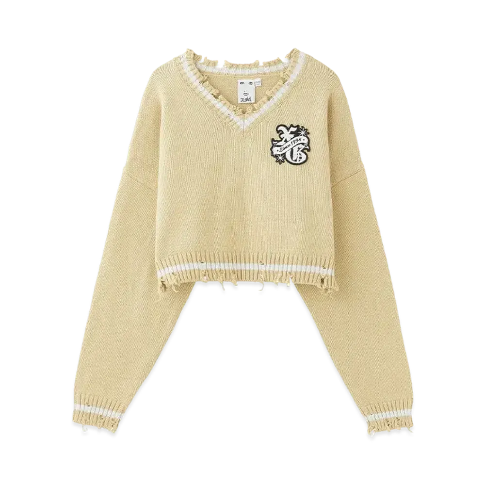 X-Girl Emblem V-Neck Knit Top "Beige"