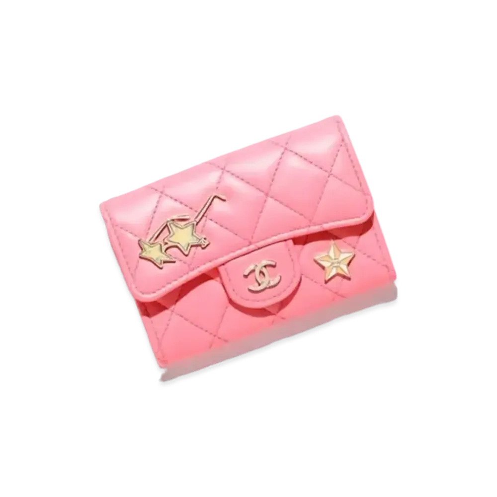 CHANEL Classic Card Holder Lambskin Enamel & Gold Tone Metal "Coral Pink"