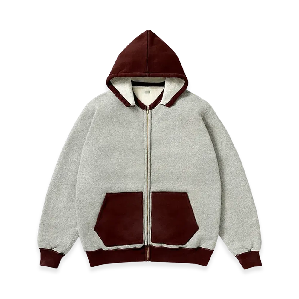 A.PRESSE Vintage Attached Hood Zip Parka "Gray/Burgundy"