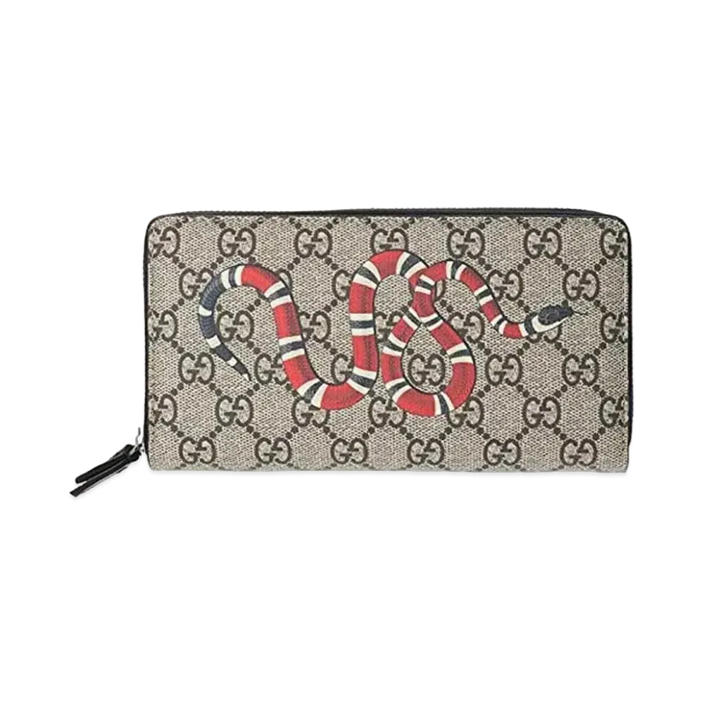 GUCCI Kingsnake Print GG Supreme Zip Around Wallet "Beige/Ebony"