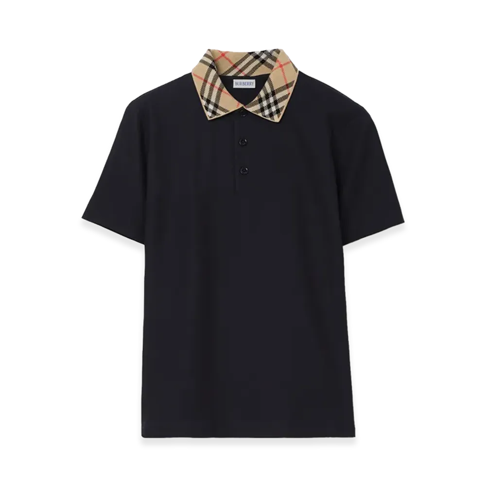 Burberry Check Collar Cotton Polo Shirt "Navy"