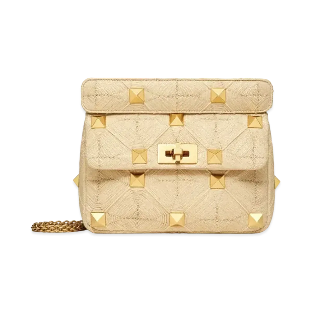 Valentino Medium Roman Stud The Shoulder Bag In Synthetic Raffia With Chain "Natural"