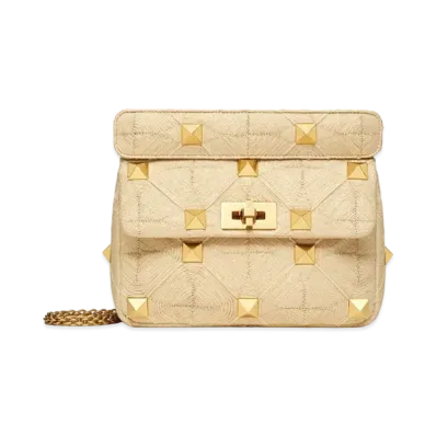 Valentino Medium Roman Stud The Shoulder Bag In Synthetic Raffia With Chain "Natural"