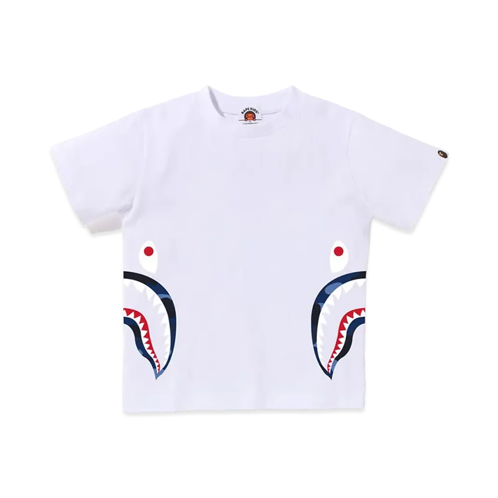 A BATHING APE Kids Color Camo Side Shark Tee "White/Navy"