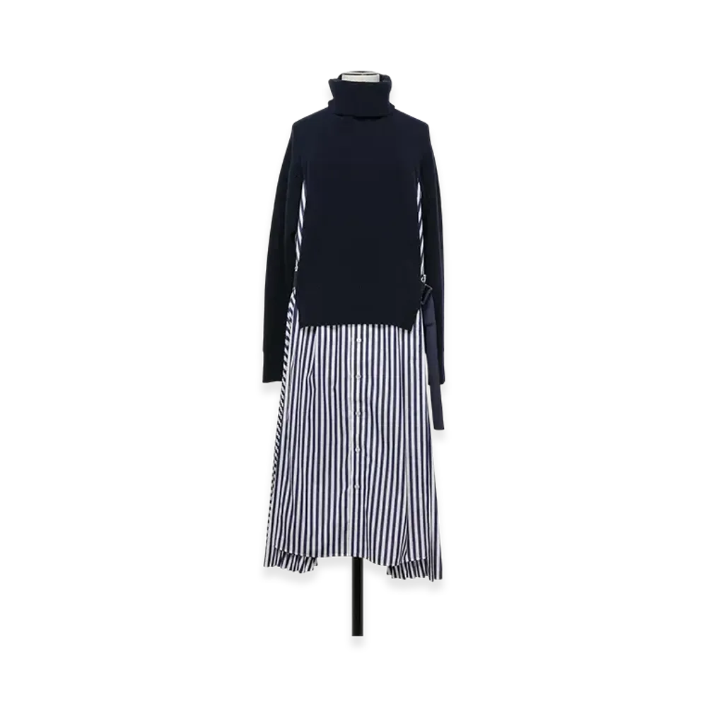 sacai Wool Knit x Cotton Poplin Dress "Navy/Navy Stripe"