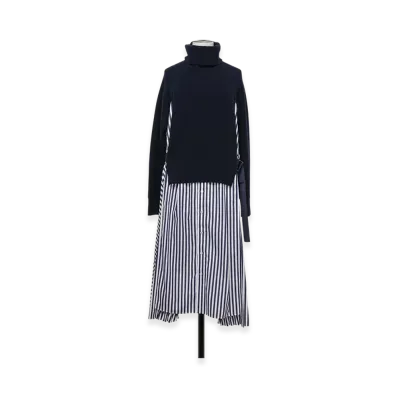 sacai Wool Knit x Cotton Poplin Dress "Navy/Navy Stripe"