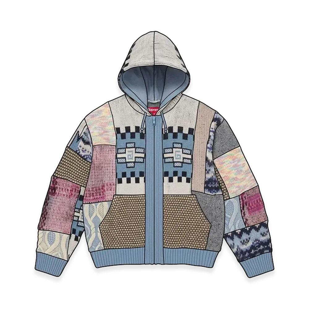 Supreme Patchwork Zip Up Hooded Sweater "Light Blue"