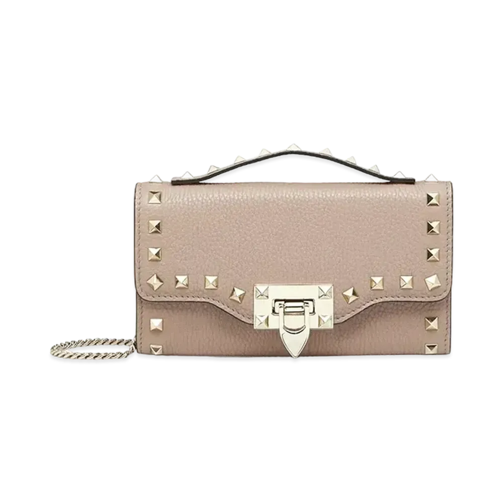 Valentino Rock Studs Grain Calfskin Chain Wallet "Powder"