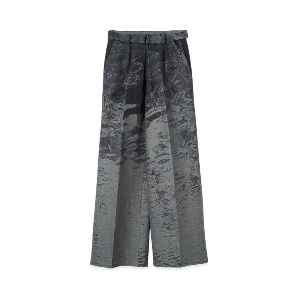 YOKE Cotton Linen Photo Jacquard Belted Wide-Leg Trousers "Gray"