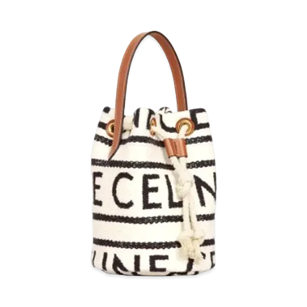 CELINE Teen Drawstring In Textile With Celine All-Over And Calfskin "White/Black"